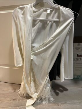 Silky Ivory Feather-Trim Wrap Top